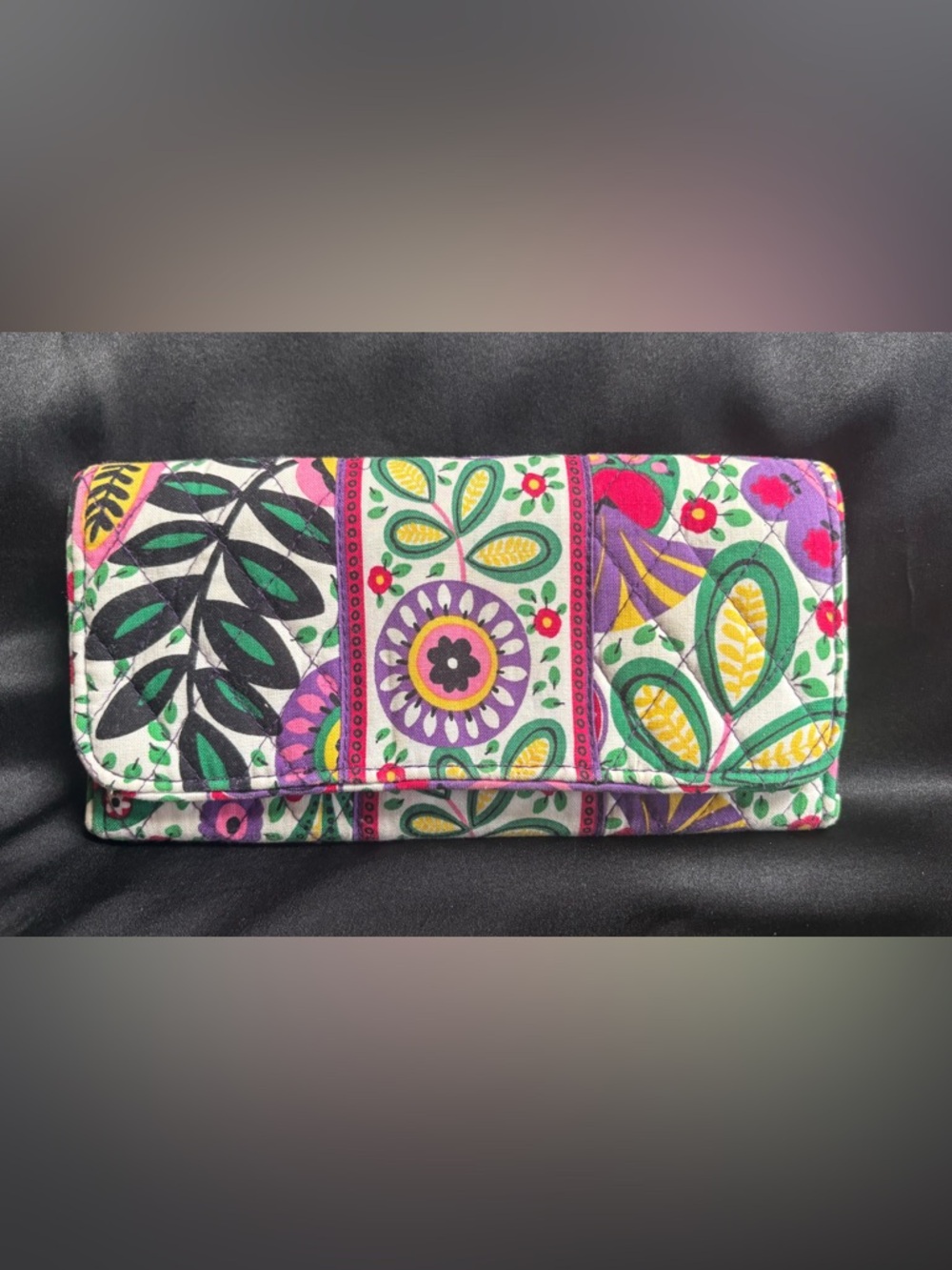 Vera Bradley Quilted Floral Wallet in Green, Purple & Yellow